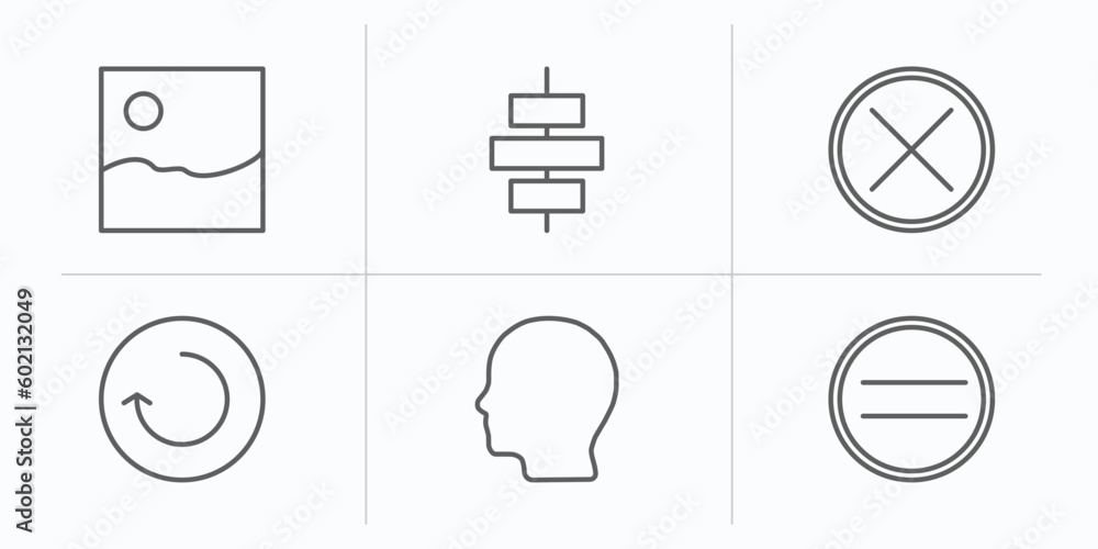 Aufkleber user interface outline icons set. thin line icons such as gallery, horizontal alignment, cancel, rel