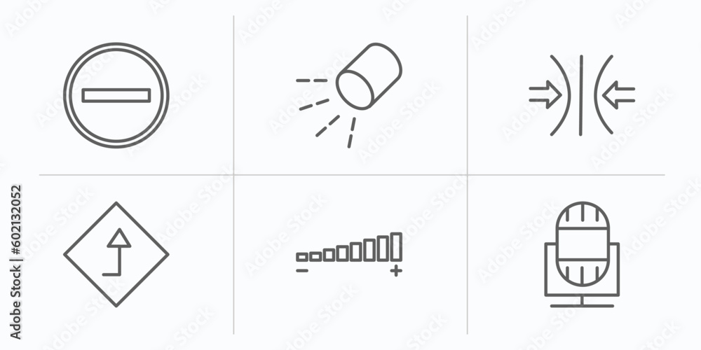 Poster user interface outline icons set. thin line icons such as subtraction, lightining, compress, go, vol
