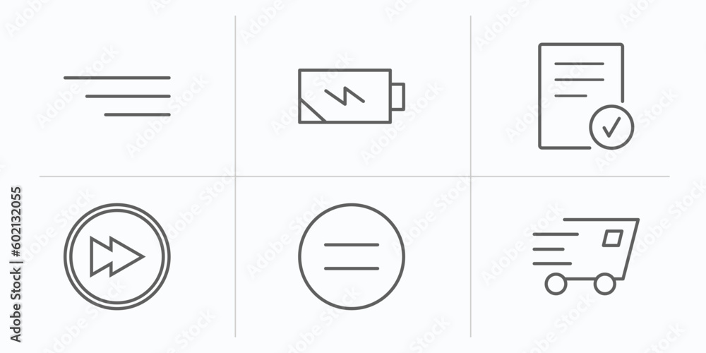 Poster user interface outline icons set. thin line icons such as side menu, charging status, checked, next 