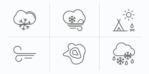 weather outline icons set. thin line icons such as snow cloud, icy, indian summer, breeze, isobars, sleet vector. - obrazy, fototapety, plakaty