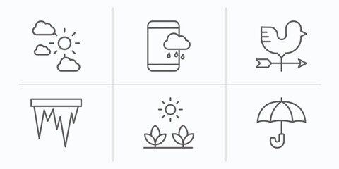 weather outline icons set. thin line icons such as climate, forecast, weathercock, icicle, spring, umbrella vector.