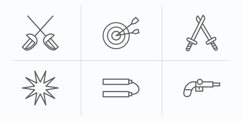 weapons outline icons set. thin line icons such as sabre, objetive, battle, burst, japanese nunchaku, musket vector.