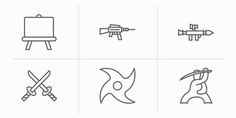 Fototapeta premium weapons outline icons set. thin line icons such as boards, hine gun, bazooka, 2 katanas, japanese shuriken, samurai vector.