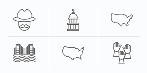 united states of america outline icons set. thin line icons such as cowboy, capitol, america, golden state, united states, democracy vector.