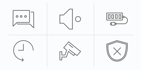 user interface outline icons set. thin line icons such as bubble speech, low volume, usb port, history, vigilance, desactivate vector.
