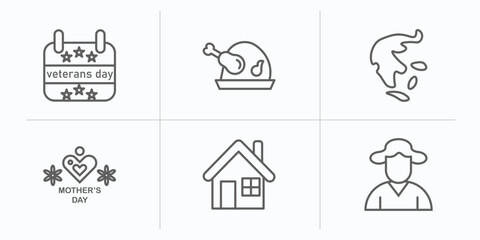 united states of america outline icons set. thin line icons such as veterans day, roasted turkey, pacific ocean, mother's day, white house, george washington vector.