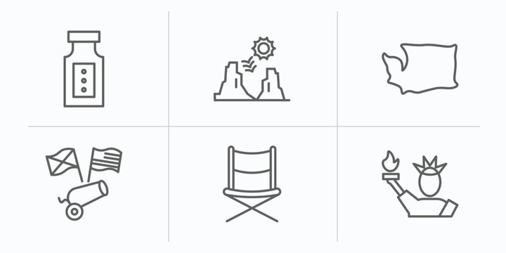 united states of america outline icons set. thin line icons such as baste, grand canyon, washington, american civil war, director chair, statue of liberty vector.