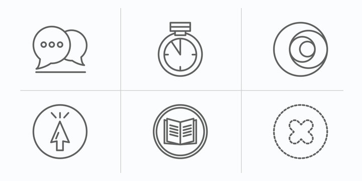 ultimate glyphicons outline icons set. thin line icons such as message balloon, time almost full, circle sizes, mouse up arrow, reading, dot crossed vector.