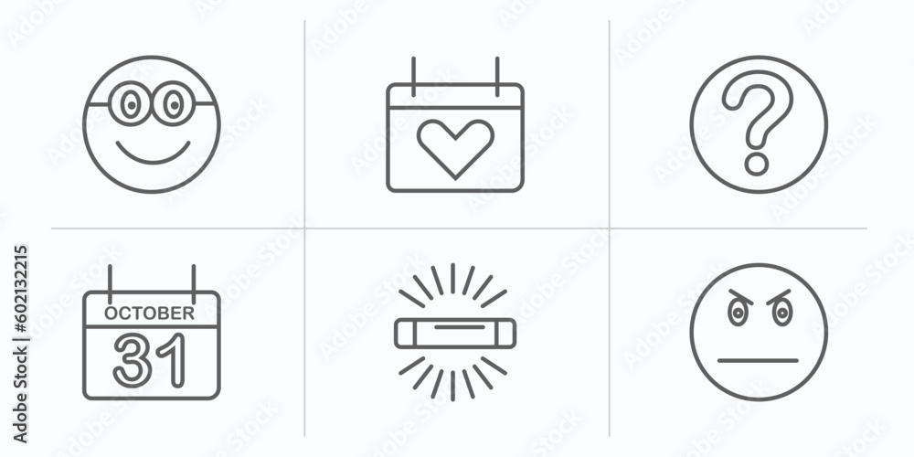 Aufkleber user interface outline icons set. thin line icons such as nerd smile, heart on calendar, question ma