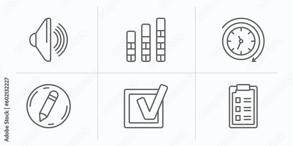 Poster user interface outline icons set. thin line icons such as loud audio, vertical bar, anti clockwise, 