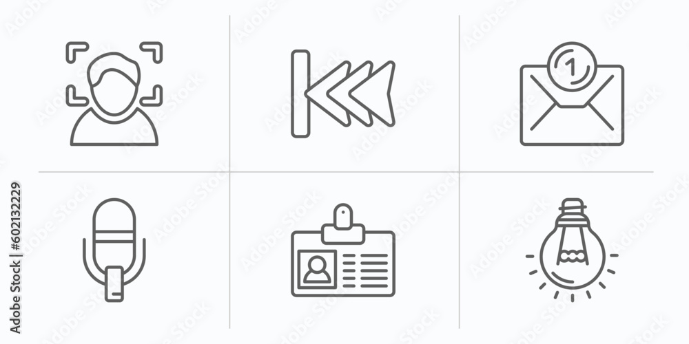 Poster user interface outline icons set. thin line icons such as face detection, backward track, new email 