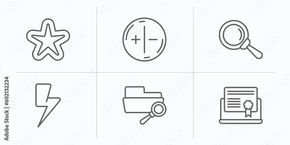 Poster user interface outline icons set. thin line icons such as rounded point star, white balance, glass m