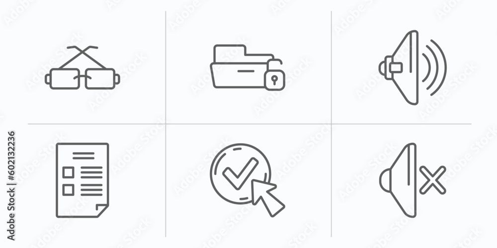 Poster user interface outline icons set. thin line icons such as square glasses, unlock folder, high volume