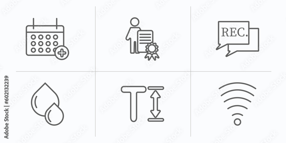 Poster user interface outline icons set. thin line icons such as add event, man certificate, recording conv