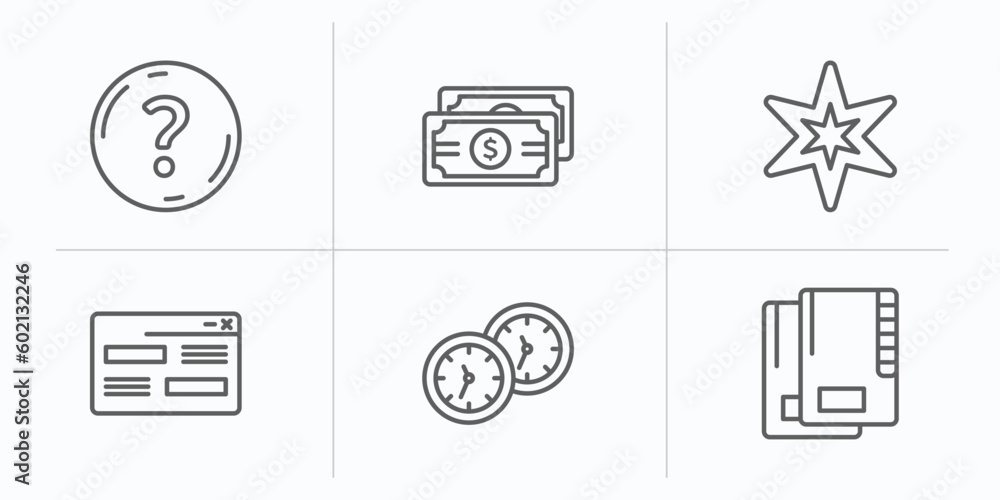 Poster user interface outline icons set. thin line icons such as round help button, dollar bills stack, poi