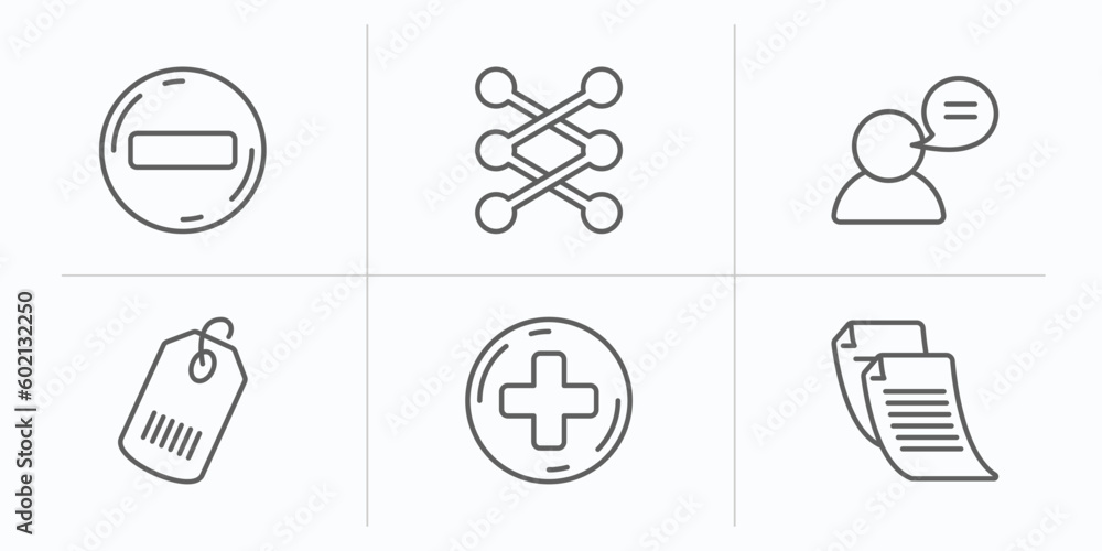 Poster user interface outline icons set. thin line icons such as remove round button, lace, user with speec