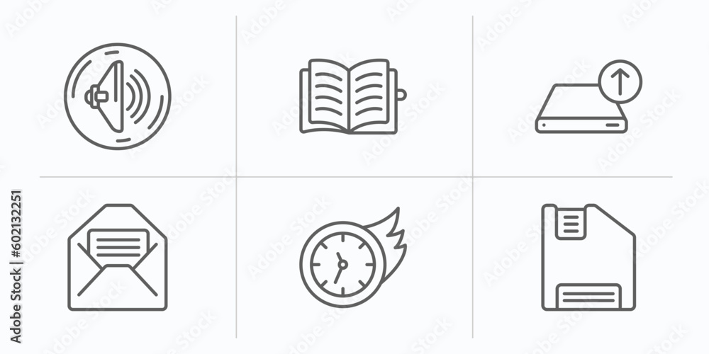 Poster user interface outline icons set. thin line icons such as round volume button, open diary, uploading