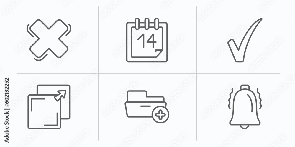 Poster user interface outline icons set. thin line icons such as cross, daily calendar day 14, tick mark, n