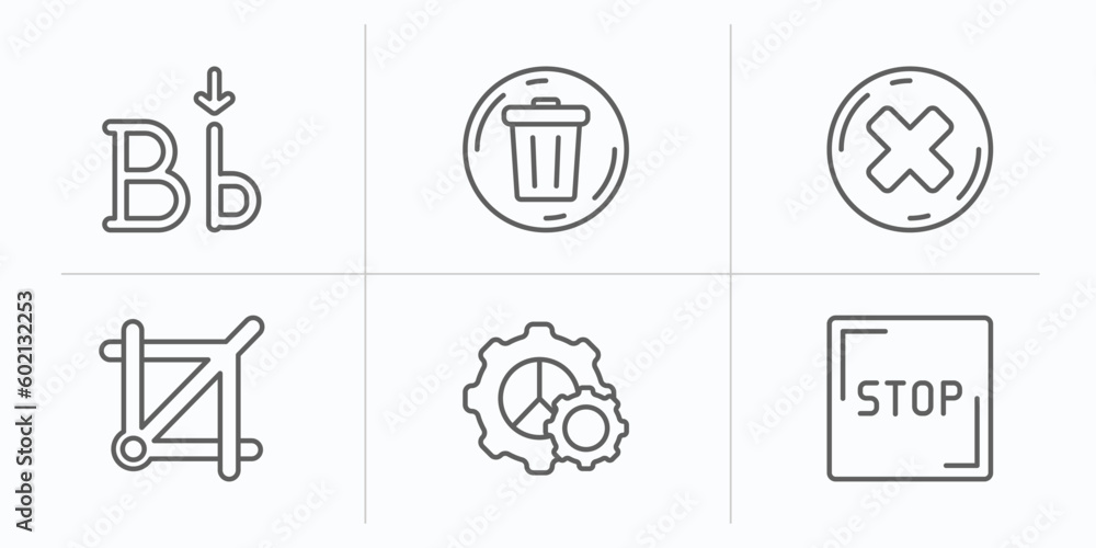 Poster user interface outline icons set. thin line icons such as letter i, delete round button, round delet
