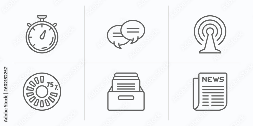 Poster user interface outline icons set. thin line icons such as stopwatches, two chat bubbles, connection,