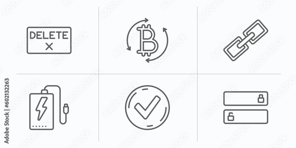 Poster user interface outline icons set. thin line icons such as delete button, digital currency, link butt