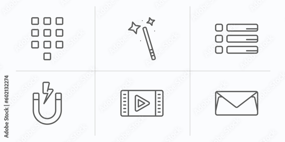 Poster user interface outline icons set. thin line icons such as telephone keypad, magic wand button, list 