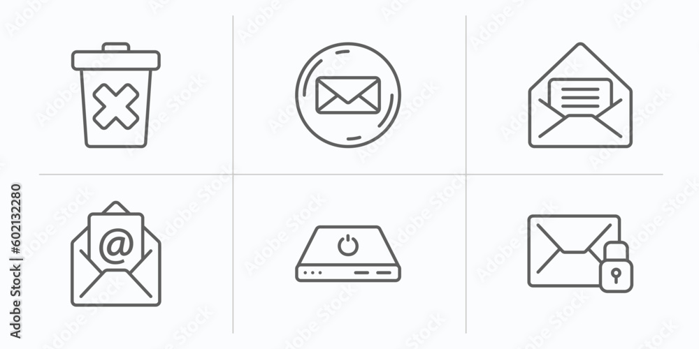 Poster user interface outline icons set. thin line icons such as delete bin, email envelope button, open le