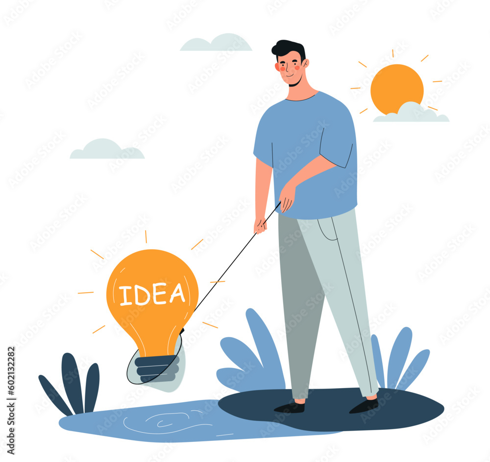 Aufkleber man with idea. young guy with net catches light bulb. brainstorming and insight. hardworking entrepr