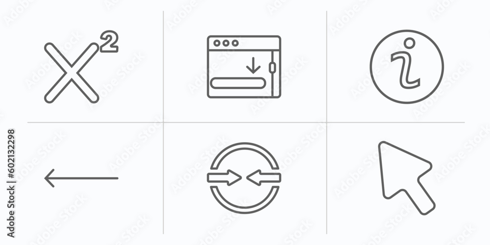 Poster user interface outline icons set. thin line icons such as superscript, window scrolling right, infor