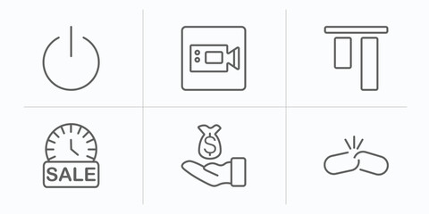 user interface outline icons set. thin line icons such as turn off, facetime, top alignment, sale time, earn money, disconnected chains vector.