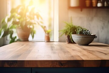 Empty Wood Tabletop with a Plant: Wooden Desk with Blurred Background of Home Room Interior: Generative AI