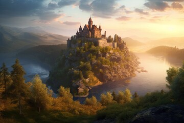 Fairy Tale Castle at Magical Sunset | Majestic 3D Landscape on Mountain Top by River in Summer, Generative AI