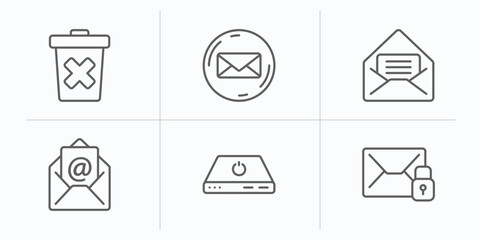 user interface outline icons set. thin line icons such as delete bin, email envelope button, open letter read email, email evelope, tiny power, unlock envelope vector.