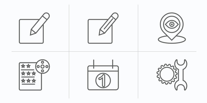 user interface outline icons set. thin line icons such as editor, compose, tracking, film list, first date, work tools vector.