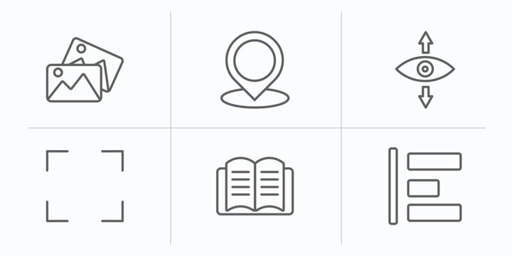 user interface outline icons set. thin line icons such as image variant, point at, perspectives, corners, book opened at center, object alignment vector.