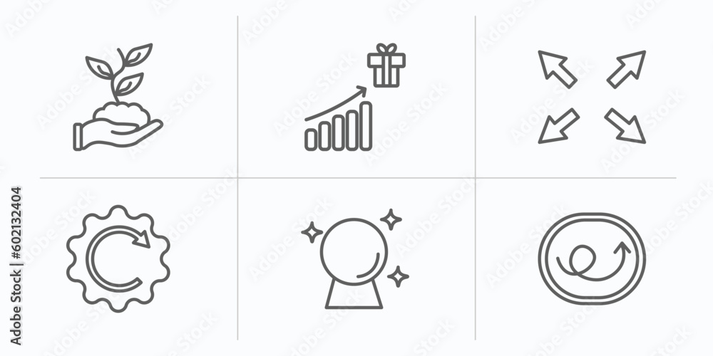 Poster user interface outline icons set. thin line icons such as hand and sprout, incentive, size, rotated 