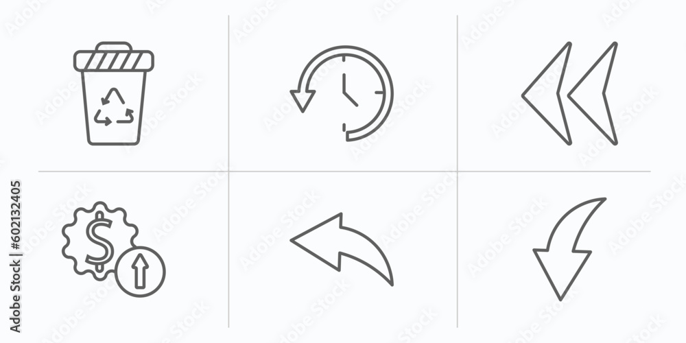 Poster user interface outline icons set. thin line icons such as recycling container, circular arrow clock,