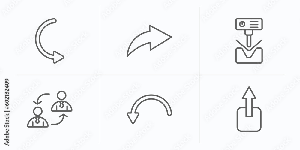 Poster user interface outline icons set. thin line icons such as curved arrows, right curve arrow, bending,