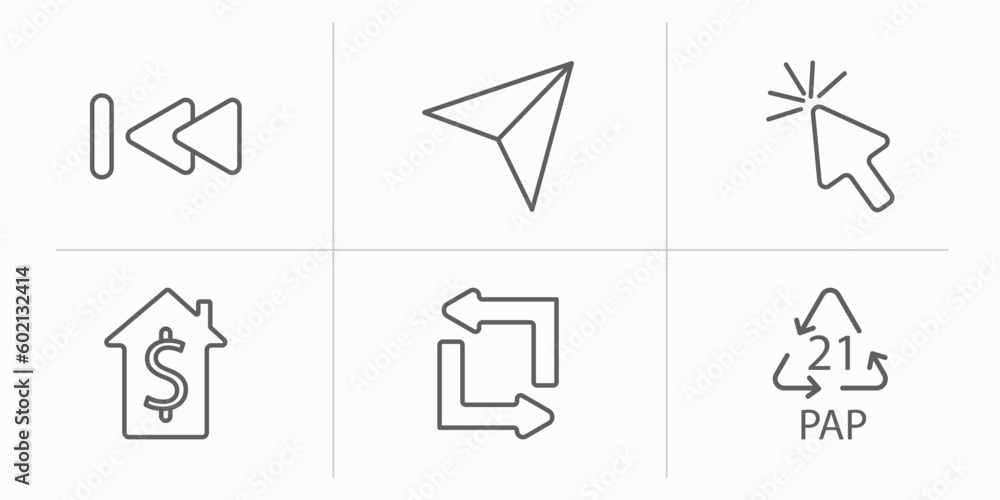 Poster user interface outline icons set. thin line icons such as rewind, navigation arrows, mouse arrow, ho