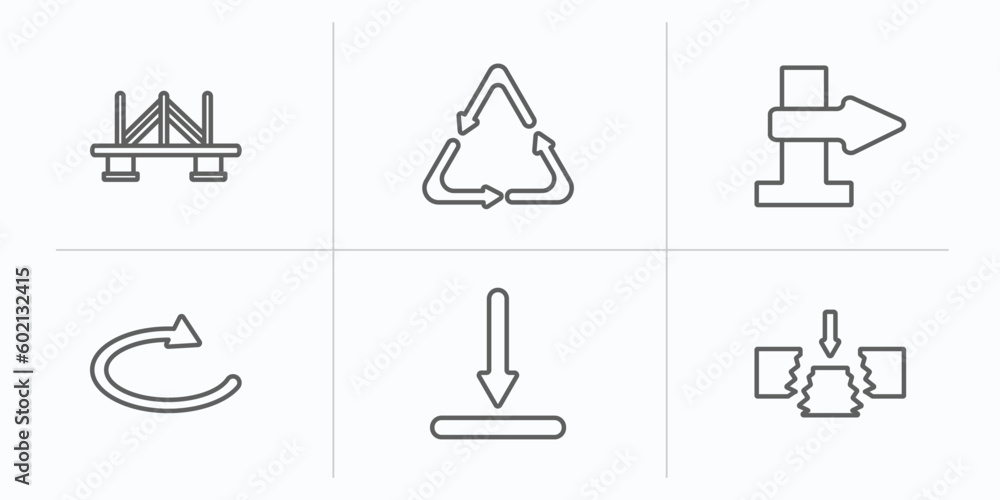 Poster user interface outline icons set. thin line icons such as bridge, recycle, blank left arrow, loop ar