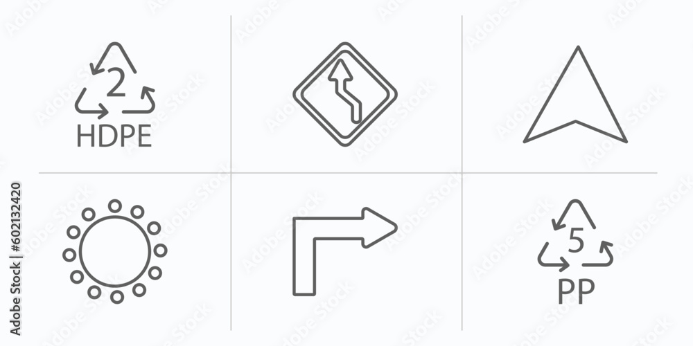 Poster user interface outline icons set. thin line icons such as hdpe 2, left reverse curve, navigation arr