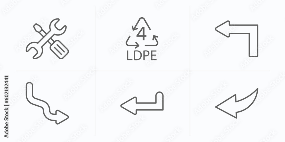 Poster user interface outline icons set. thin line icons such as mechanic tool, 4 ldpe, left turn, curve ri