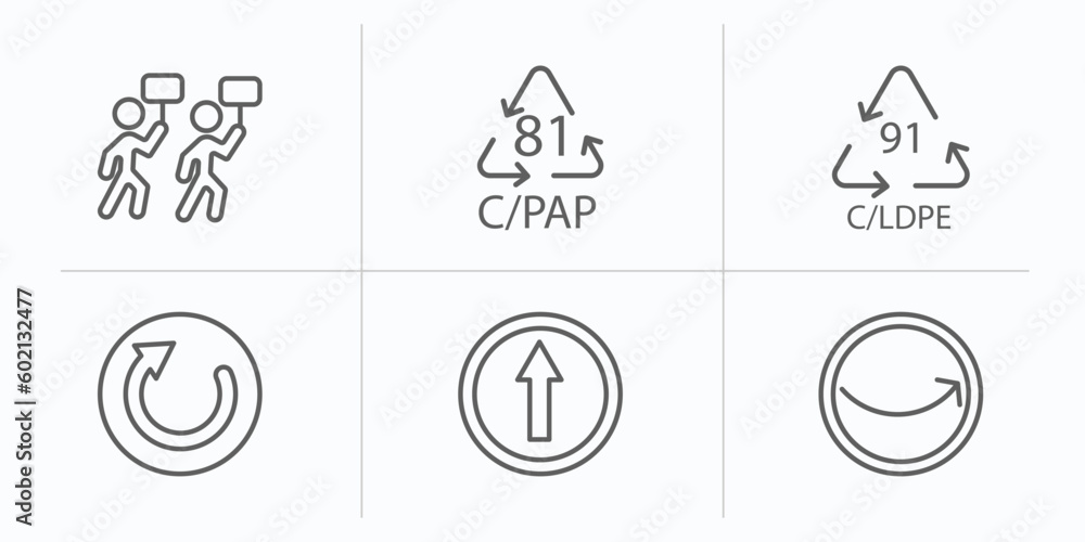 Poster user interface outline icons set. thin line icons such as industrial action, c/pap 81, 91 c/ldpe, re