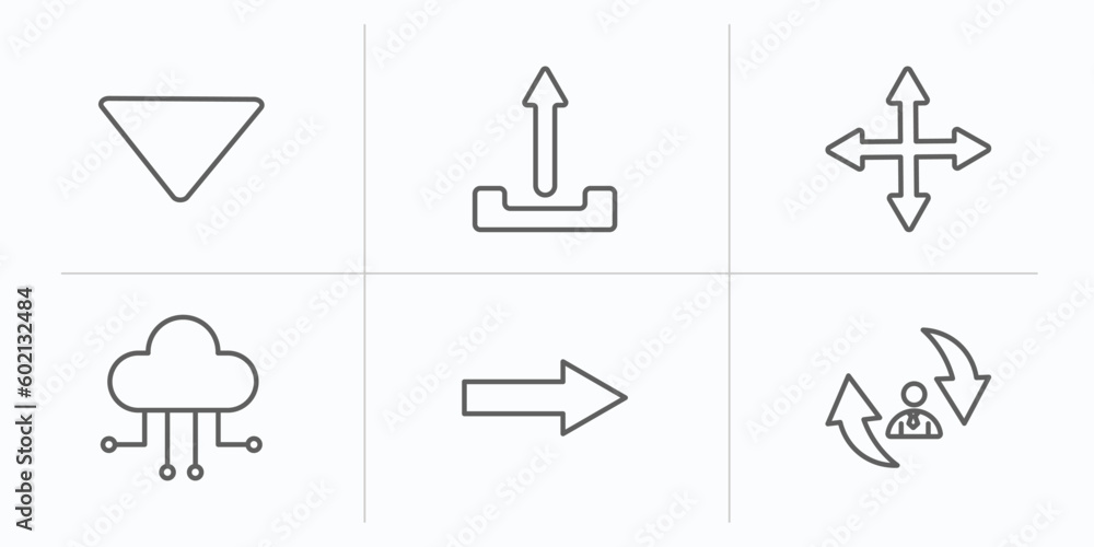 Poster user interface outline icons set. thin line icons such as drop down, upload button, four expand arro