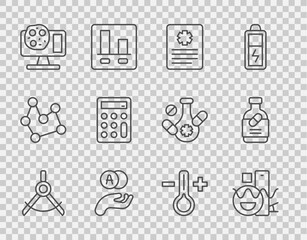 Set line Drawing compass, Basic geometric shapes, Patient record, Atom, Genetic engineering, Calculator, Thermometer and Medicine bottle and pills icon. Vector