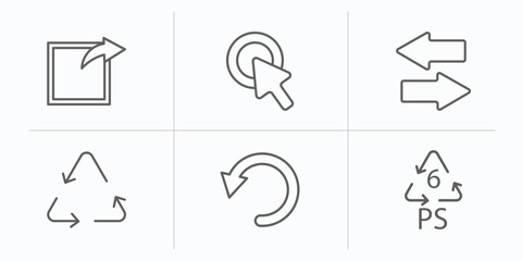 user interface outline icons set. thin line icons such as export arrow, mouse clicker, opposite directions, recycable, reload webpage, 6 ps vector.