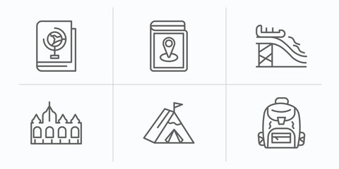 travel outline icons set. thin line icons such as geography book, map book, waterpark, vaticano, jaima tent, student backpack vector.