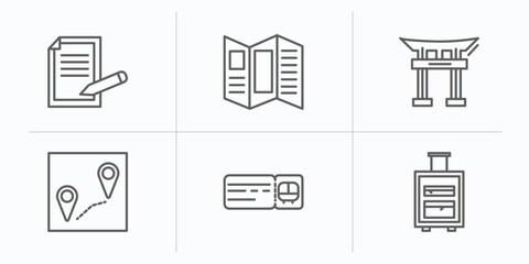 travel outline icons set. thin line icons such as claim, brochure, torii, itinerary, bus ticket, suitcases vector.