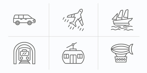 transportation outline icons set. thin line icons such as people carrier, jetliner, schooner, train in a tunnel, chairlift, zeppelin vector.
