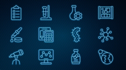 Set line Earth globe, Molecule, Test tube, Calculator, Pipette, To do list planning, Virus and flask on stand icon. Vector